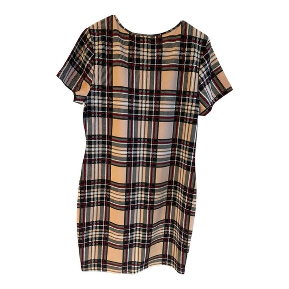 SHEIN Plaid Short Sleeve Shift Dress With Keyhole Neckline Beige/Black/Red M/L - Picture 4 of 8
